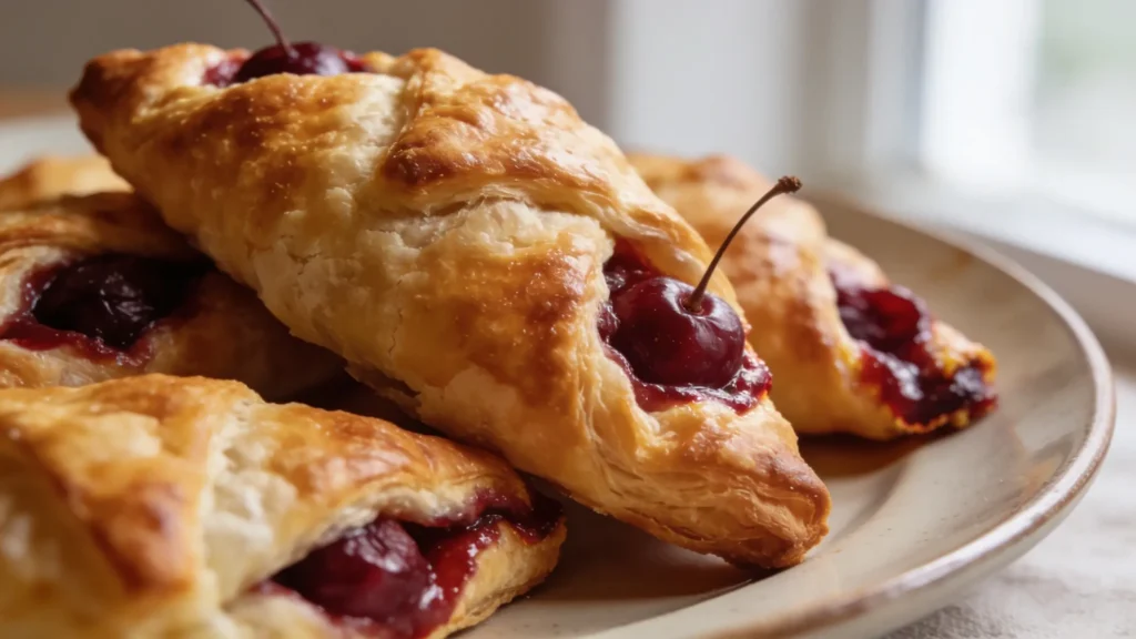 Warm cherry turnovers on a cooling rack with golden rough puff pastry
