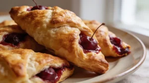 Warm cherry turnovers on a cooling rack with golden rough puff pastry