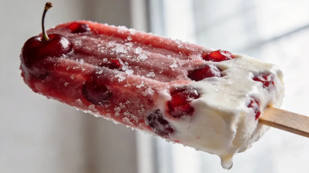 Cherry coconut popsicles on a wooden stick held by a hand against a bright background