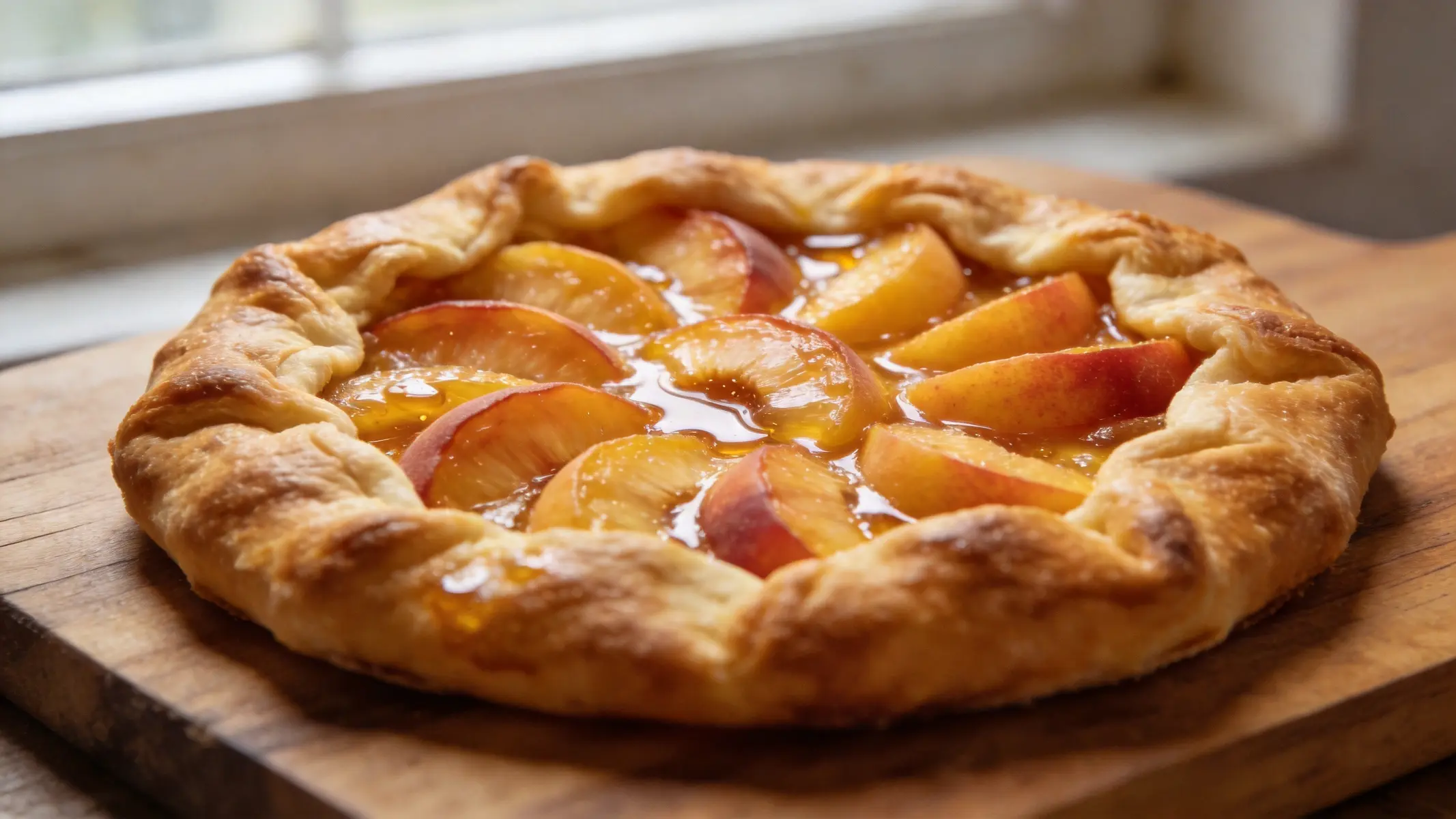 Golden brown peach galette on a wooden board with fresh mint and honey drizzle