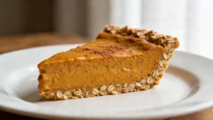 A slice of silky vegan pumpkin pie with oat crust on a plate, topped with coconut cream