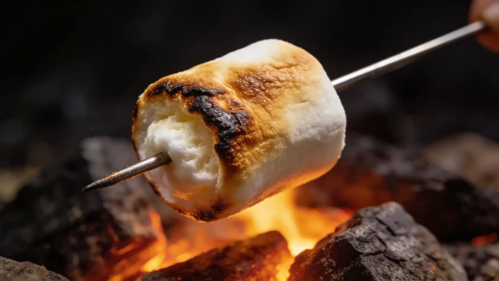 Golden brown toasted marshmallow on a stick over glowing campfire coals