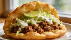 Two lightened fry bread tacos topped with spiced turkey, shredded cabbage, and lime crema on a plate.