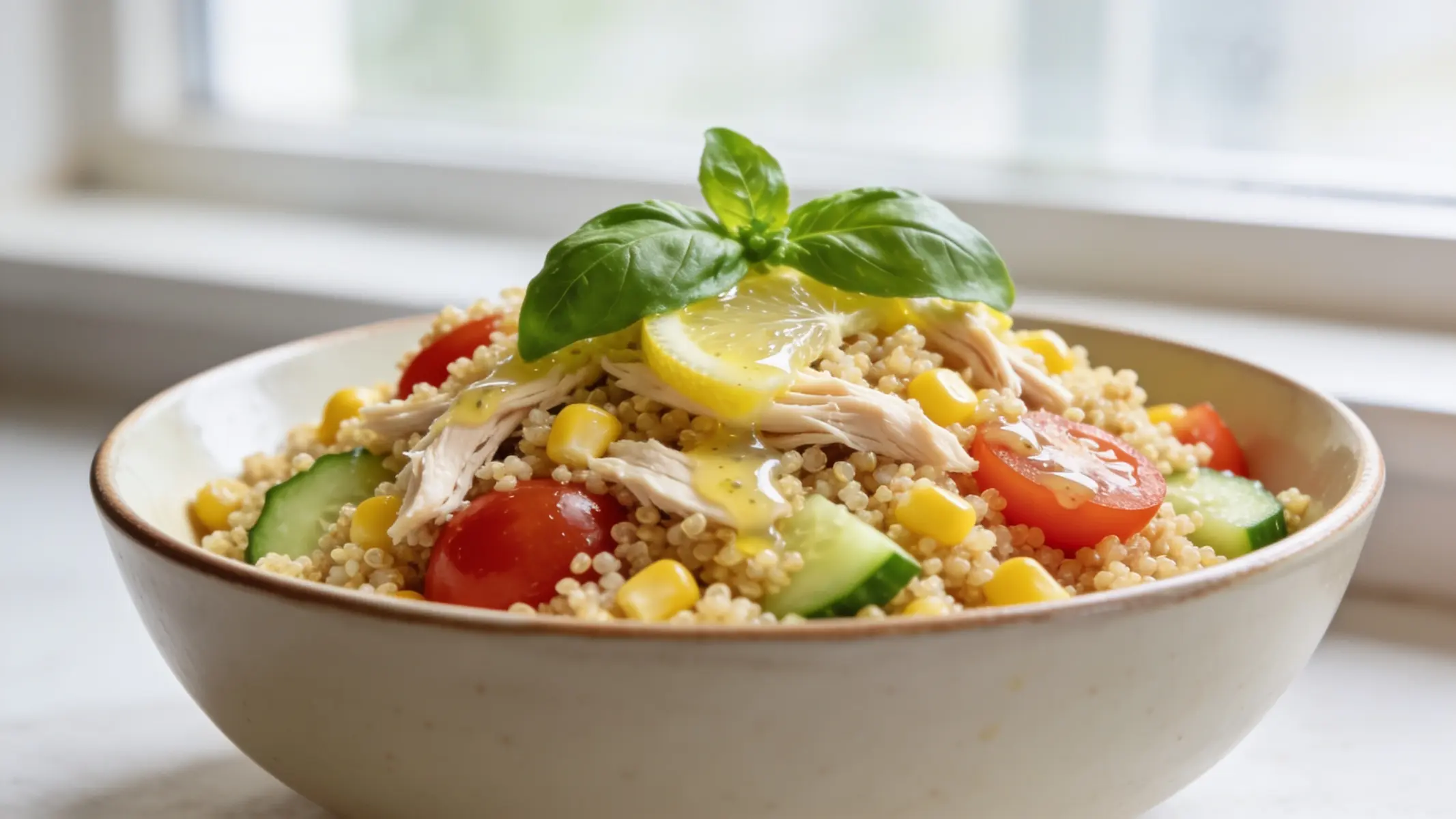 A vibrant summer leftovers bowl filled with mixed vegetables, grains, and grilled protein, garnished with fresh herbs