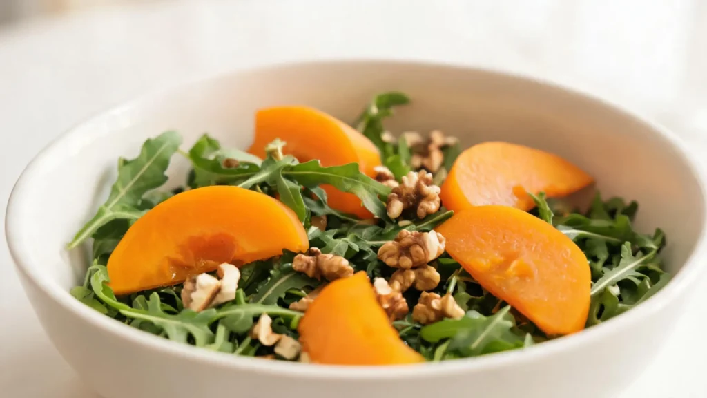 Elegant persimmon and walnut salad on a plate with arugula and champagne vinaigrette