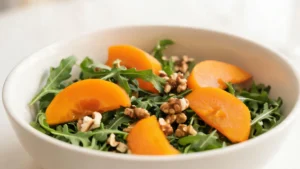 Elegant persimmon and walnut salad on a plate with arugula and champagne vinaigrette