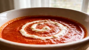 A bowl of vegan roasted garlic tomato soup with a cashew cream swirl