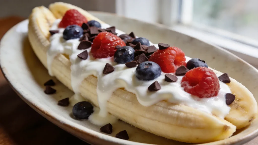A skinny banana split made with Greek yogurt and fresh fruit, perfectly portioned at 200 calories