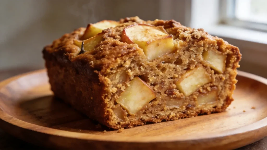 Spiced apple loaf on a rustic wooden table with cinnamon sticks and autumn leaves