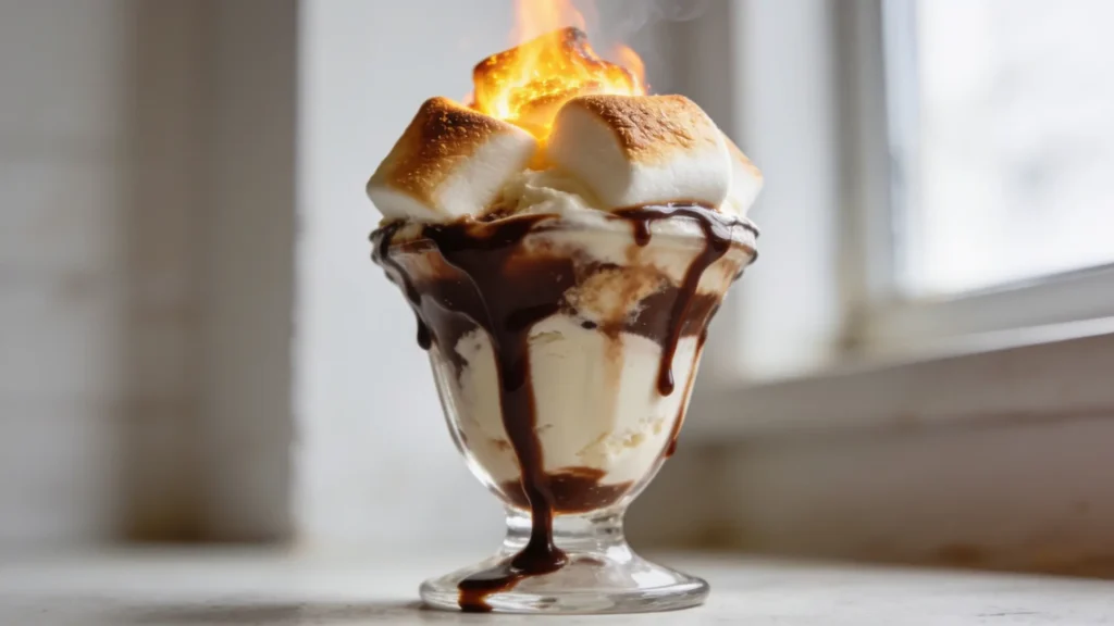 Overhead view of toasted marshmallow sundaes with golden torched marshmallow tops and hot fudge sauce