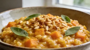 Creamy vegan butternut squash risotto with sage in a white bowl