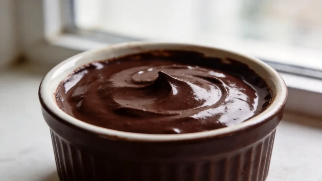 Silky vegan dark chocolate pots de crème in serving cups with chocolate shavings on top