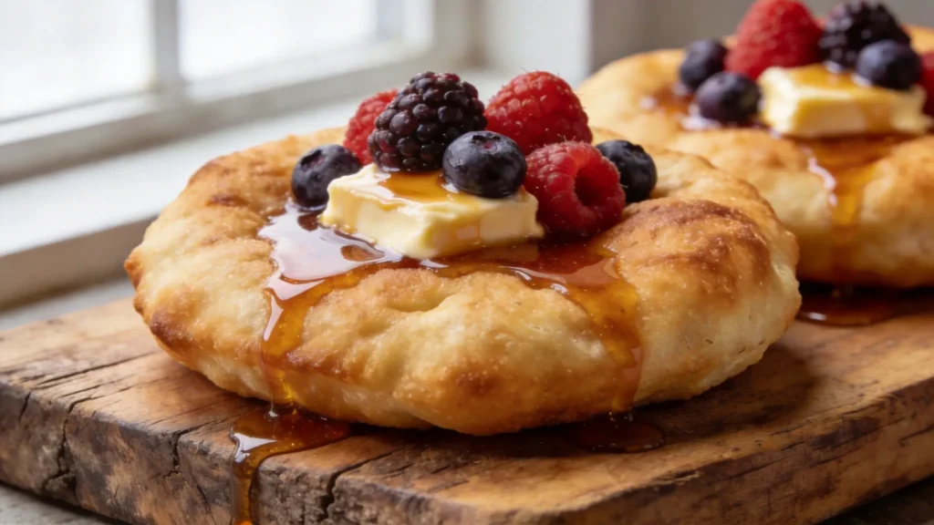 Golden vegan fry bread drizzled with maple butter and fresh berries on a plate