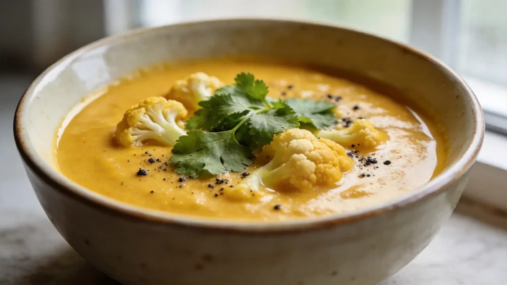 Golden turmeric and cauliflower soup in a bowl with coconut milk drizzle