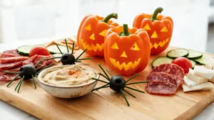 A large wooden board filled with vegan Halloween-themed snacks including black olive spiders, pumpkin-shaped cheese, and green hummus