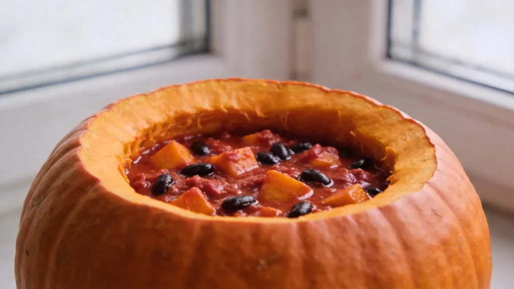 Bowl of smoky vegan pumpkin chili with black beans and chipotle, garnished with pumpkin seeds, served inside a hollowed pumpkin for Halloween drama