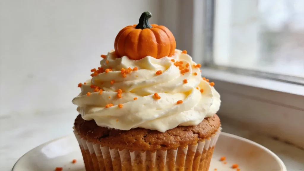 Vegan pumpkin spice cupcakes with dairy-free cream cheese frosting, topped with Halloween sprinkles on a rustic plate