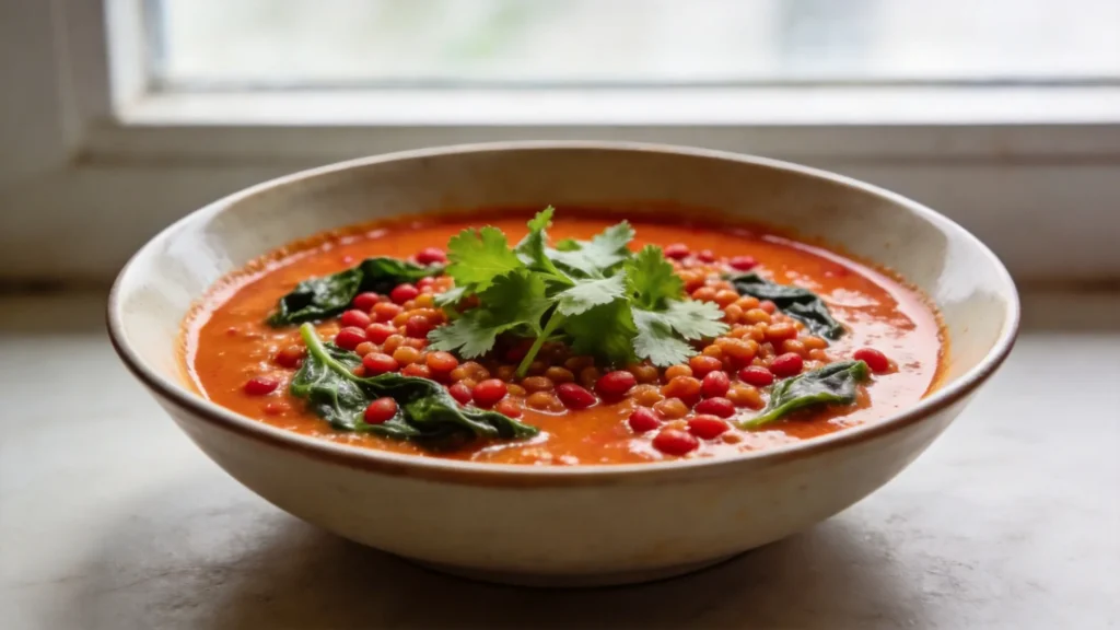 Bowl of vegan red curry lentil soup with coconut milk and fresh spinach