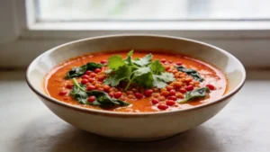 Bowl of vegan red curry lentil soup with coconut milk and fresh spinach