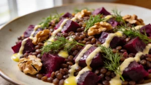 Vegan roasted beet and lentil salad with fresh dill, walnuts, and lemon tahini dressing on a plate