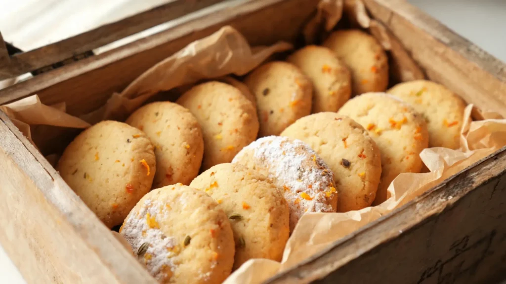 Beautiful vegan shortbread cookies arranged in a gift box, decorated with cardamom and orange zest, perfect for fall gifting.