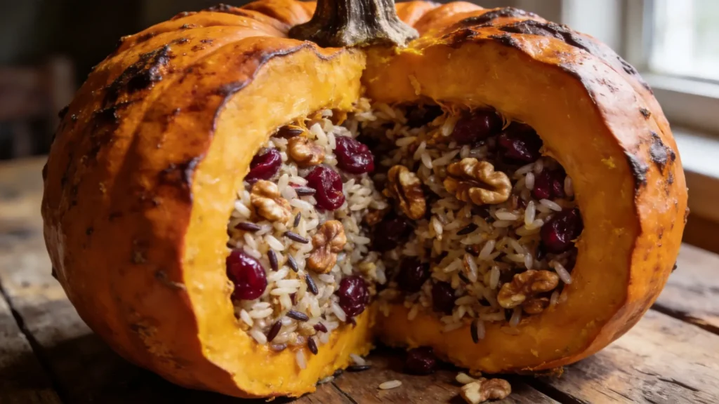 A whole roasted pumpkin stuffed with wild rice, cranberries, and toasted walnuts, served on a wooden board
