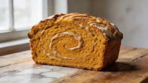 Vegan tahini swirl pumpkin bread with dramatic marble pattern on a cooling rack, dairy-free fall baking