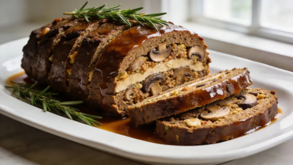 Golden Vegan Thanksgiving Roast on platter with herbs