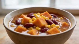 Bowl of vegan Three Sisters stew with corn, beans, and squash
