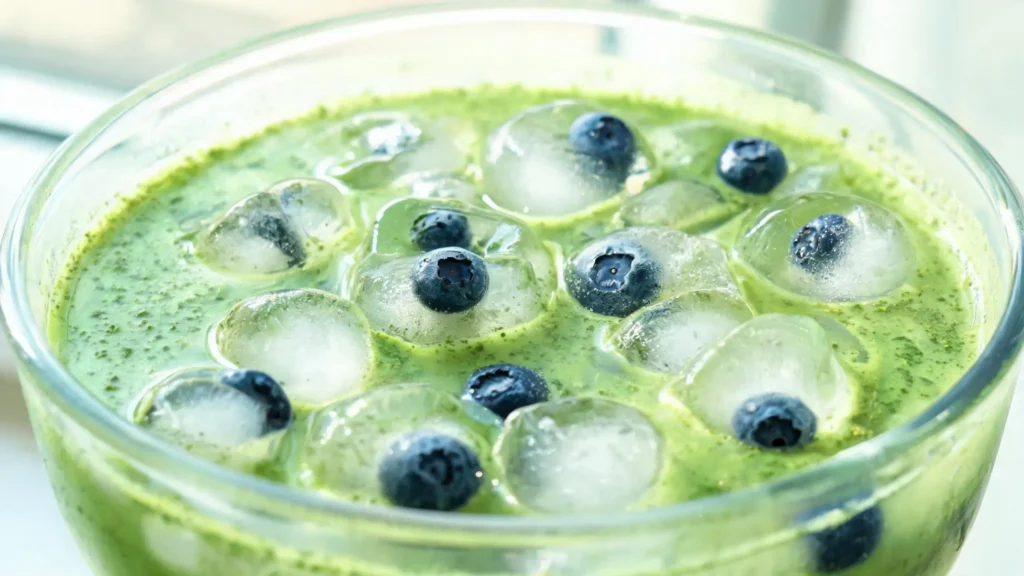 A bubbling cauldron of vegan witches brew punch with matcha lemonade and blueberry ice cubes emitting dry ice fog