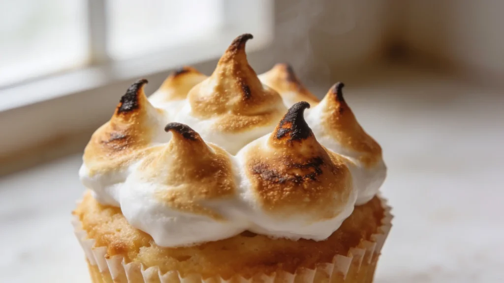 Dramatic torched marshmallow frosting billowing on top of cupcakes with golden brown caramelized peaks