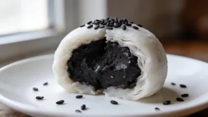 Chewy sesame mochi ice cream balls on a plate
