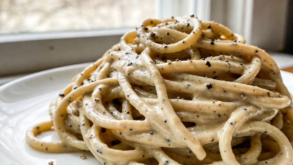 Plated vegan cacio e pepe pasta with cashew pecorino and black pepper