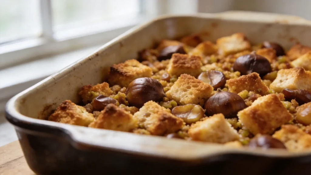 Baked vegan chestnut stuffing with sourdough, celery, and fresh sage in a baking dish