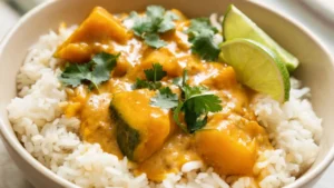 A bowl of golden vegan kabocha squash curry with coconut milk, garnished with cilantro and lime leaves.