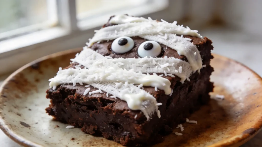 Vegan mummy brownies with coconut cream bandages and candy eyes on a Halloween plate
