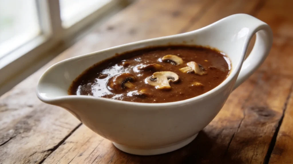 Vegan Thanksgiving Gravy with miso and roasted garlic in a serving boat, garnished with fresh herbs
