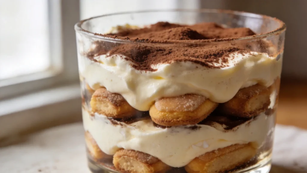 Three elegant vegan tiramisu cups topped with cocoa dust and coconut cream swirl