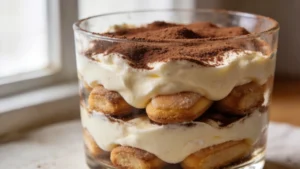 Three elegant vegan tiramisu cups topped with cocoa dust and coconut cream swirl