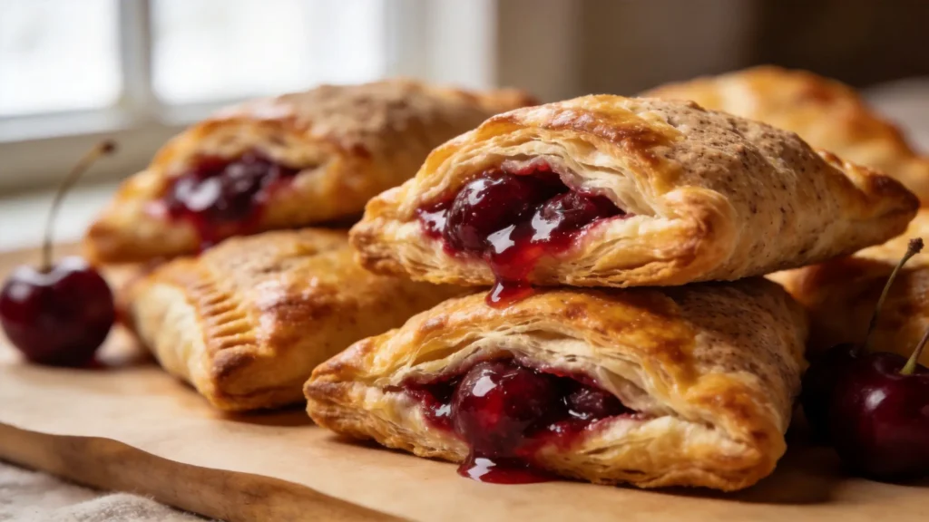Golden whole wheat cherry turnovers on a cooling rack