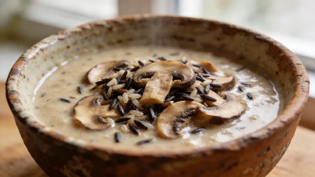 Bowl of wild rice and mushroom soup with garnish
