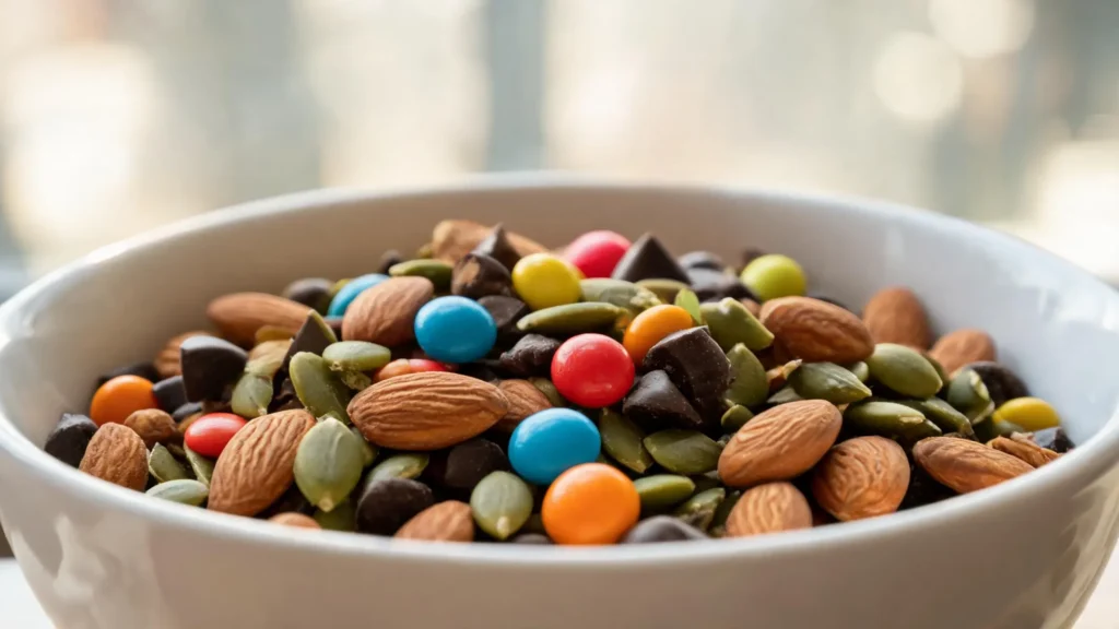 A bowl of candy trail mix with nuts, seeds, dark chocolate chips, and pieces of leftover Halloween candy