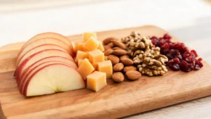 A wooden board filled with apple slices, cheddar cubes, nuts, and dried cranberries ready for snacking