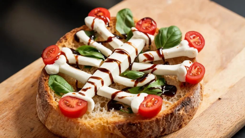 Skeleton caprese toast on a plate: toast topped with mozzarella bones, tomato joints, and fresh basil leaves.