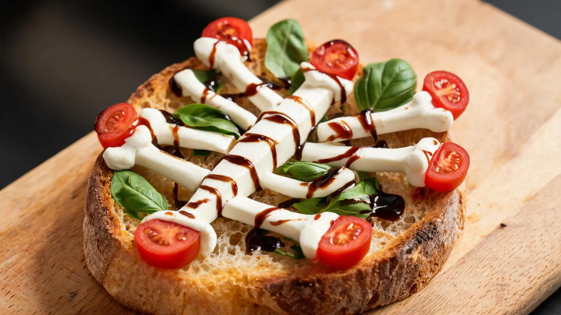 Skeleton caprese toast on a plate: toast topped with mozzarella bones, tomato joints, and fresh basil leaves.