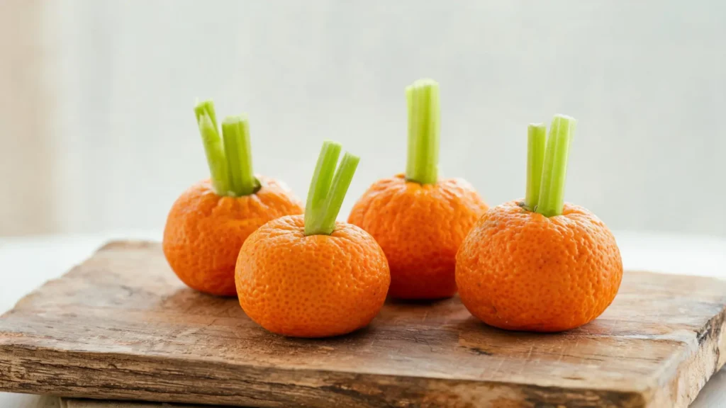 Tangerine pumpkins with celery stems on a plate