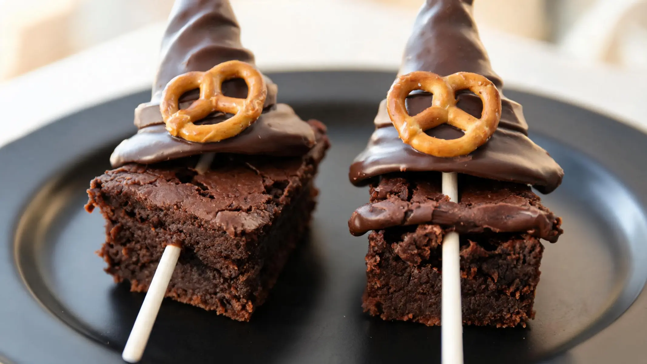 Assorted witch hat brownie pops on a serving platter with chocolate-dipped sugar cones