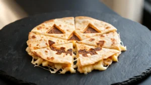 Jack-o-lantern quesadillas with black bean filling and melted cheddar on a plate