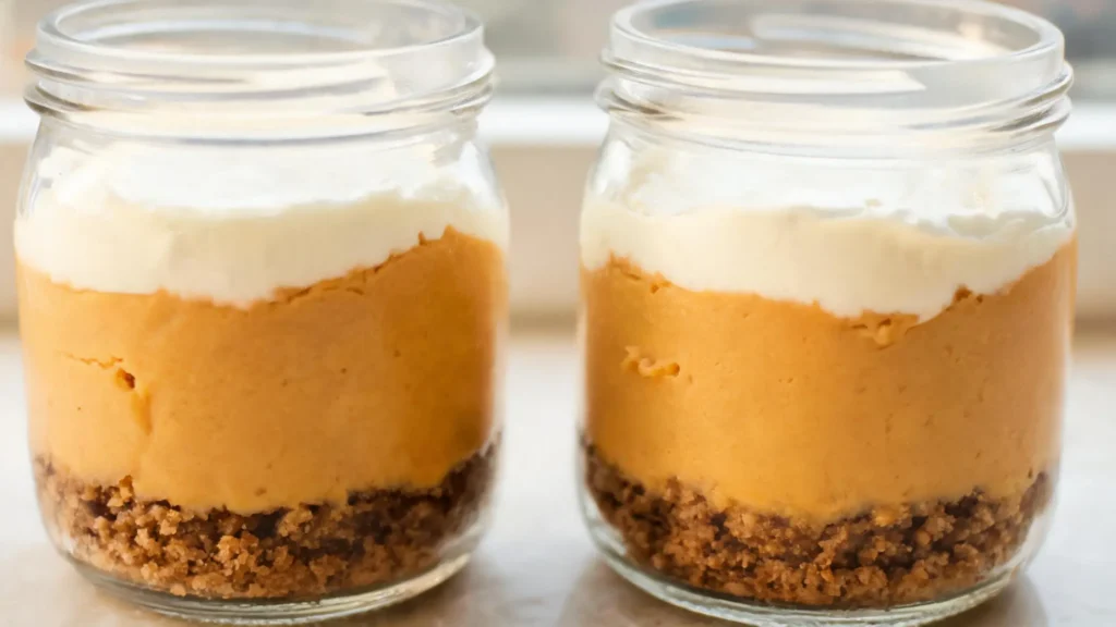 No-bake pumpkin cheesecake jars in glasses with whipped cream and cinnamon