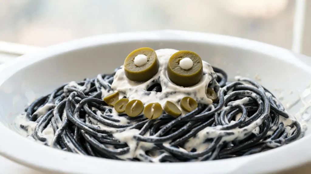 Black squid ink skeleton pasta with white cream sauce and olive skulls on a plate